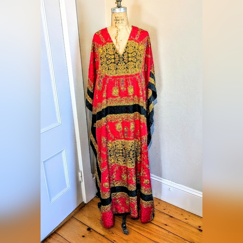Vintage Kaftan Mumu Jacquard Baroque Embellished Metallic Gems Gold Satin!